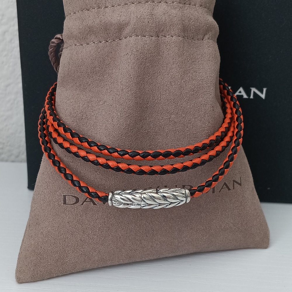 David Yurman Men's Sterling Silver Triple Row Orange Black Chevron Wrap Bracelet